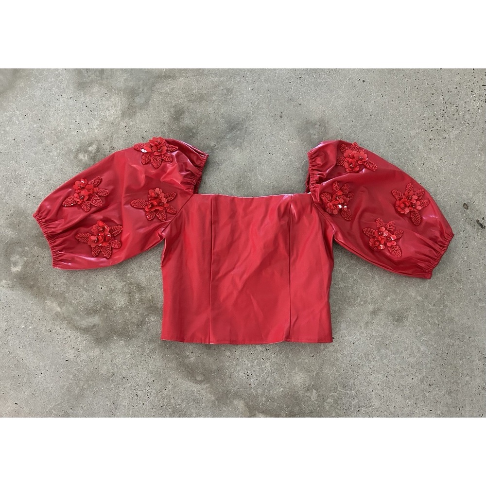 Queen Of Sparkles Red Puff Sleeve Sequined Beaded Flowers Top Faux Leather S